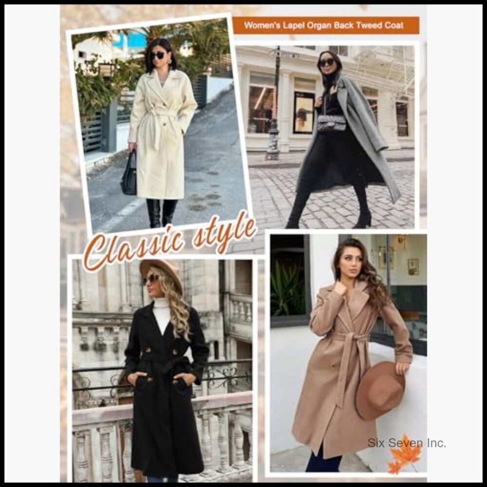 Wool Blend Pea Coat with Belt, Double Breasted Trench Coat - Picture 5 of 7